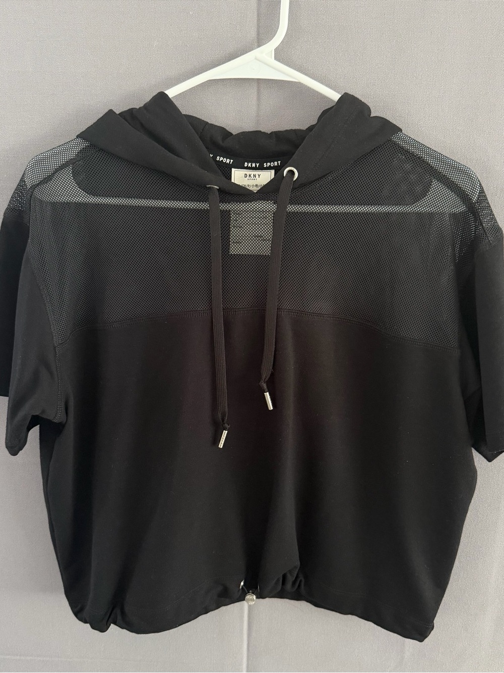DKNY Black Mesh-Panel Hooded Short-Sleeve Top
